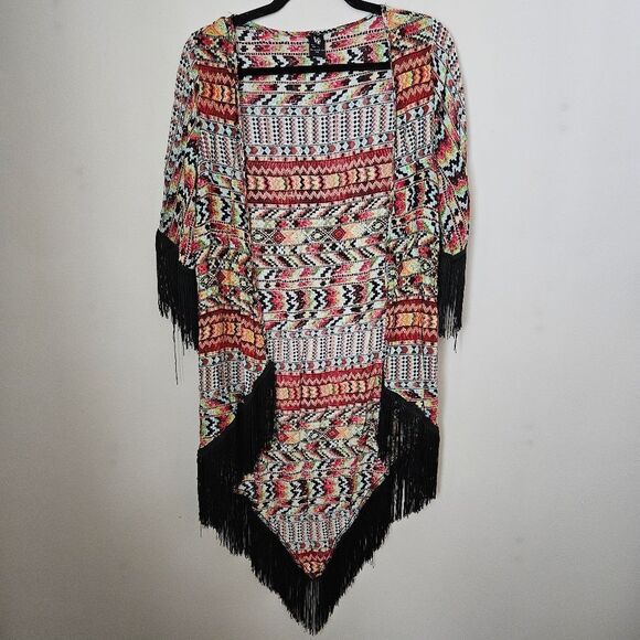 Love Tease Cardigan Kimono Lightweight Pattern Fringe Print Casual Open Front - Picture 11 of 11